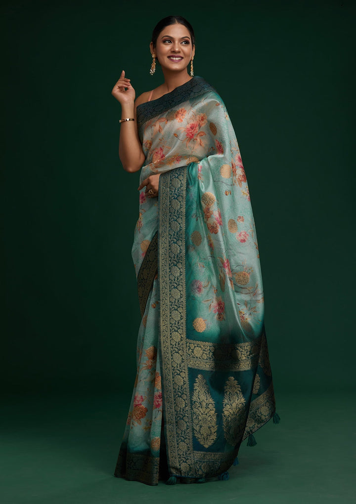 Sea Green Zariwork Taffeta Silk Saree - Koskii