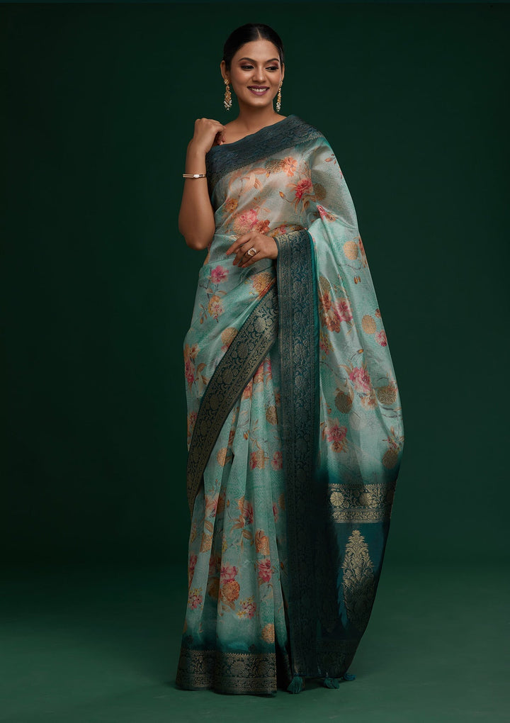 Sea Green Zariwork Taffeta Silk Saree - Koskii
