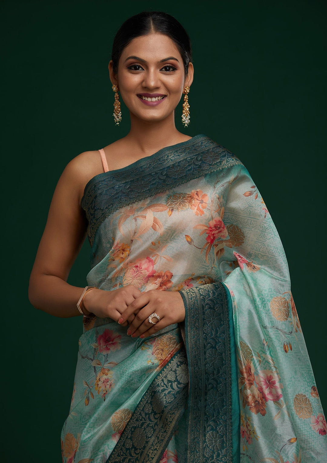 Sea Green Zariwork Taffeta Silk Saree - Koskii