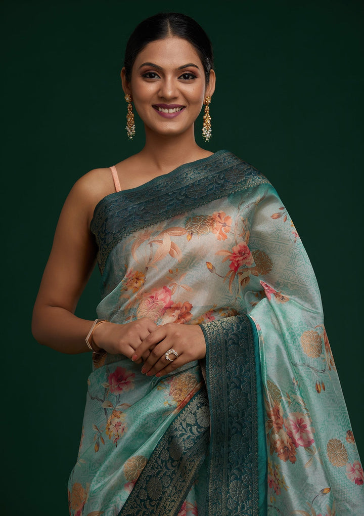 Sea Green Zariwork Taffeta Silk Saree - Koskii