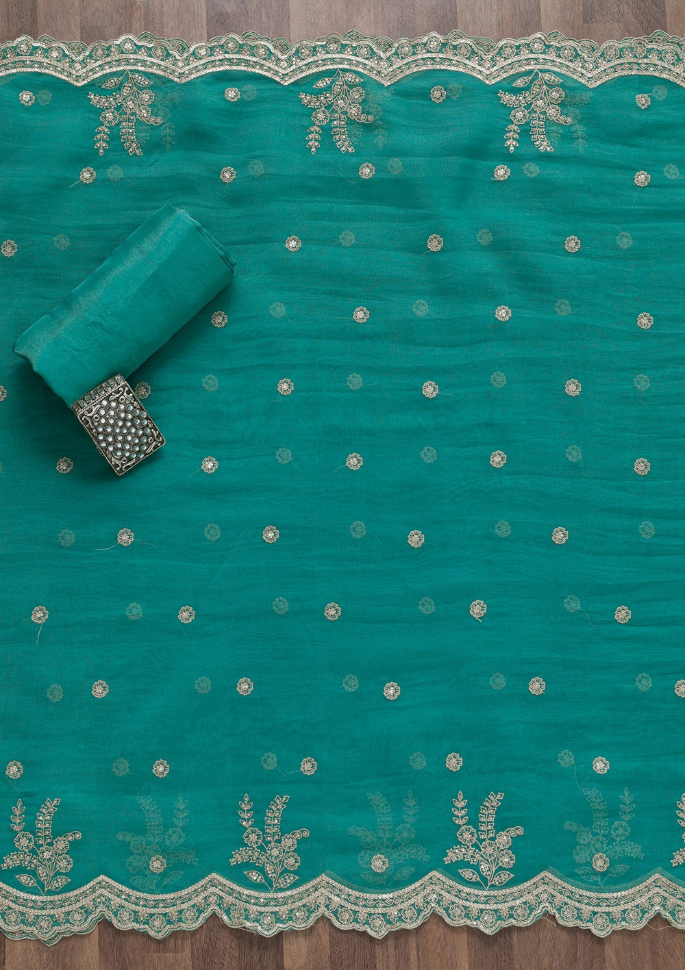 Sea Green Zariwork Tissue Unstitched Salwar Suit-Koskii