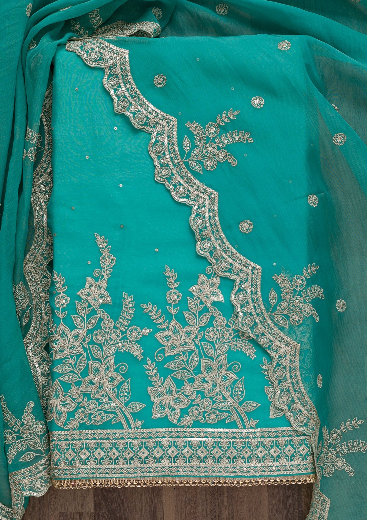 Sea Green Zariwork Tissue Unstitched Salwar Suit-Koskii