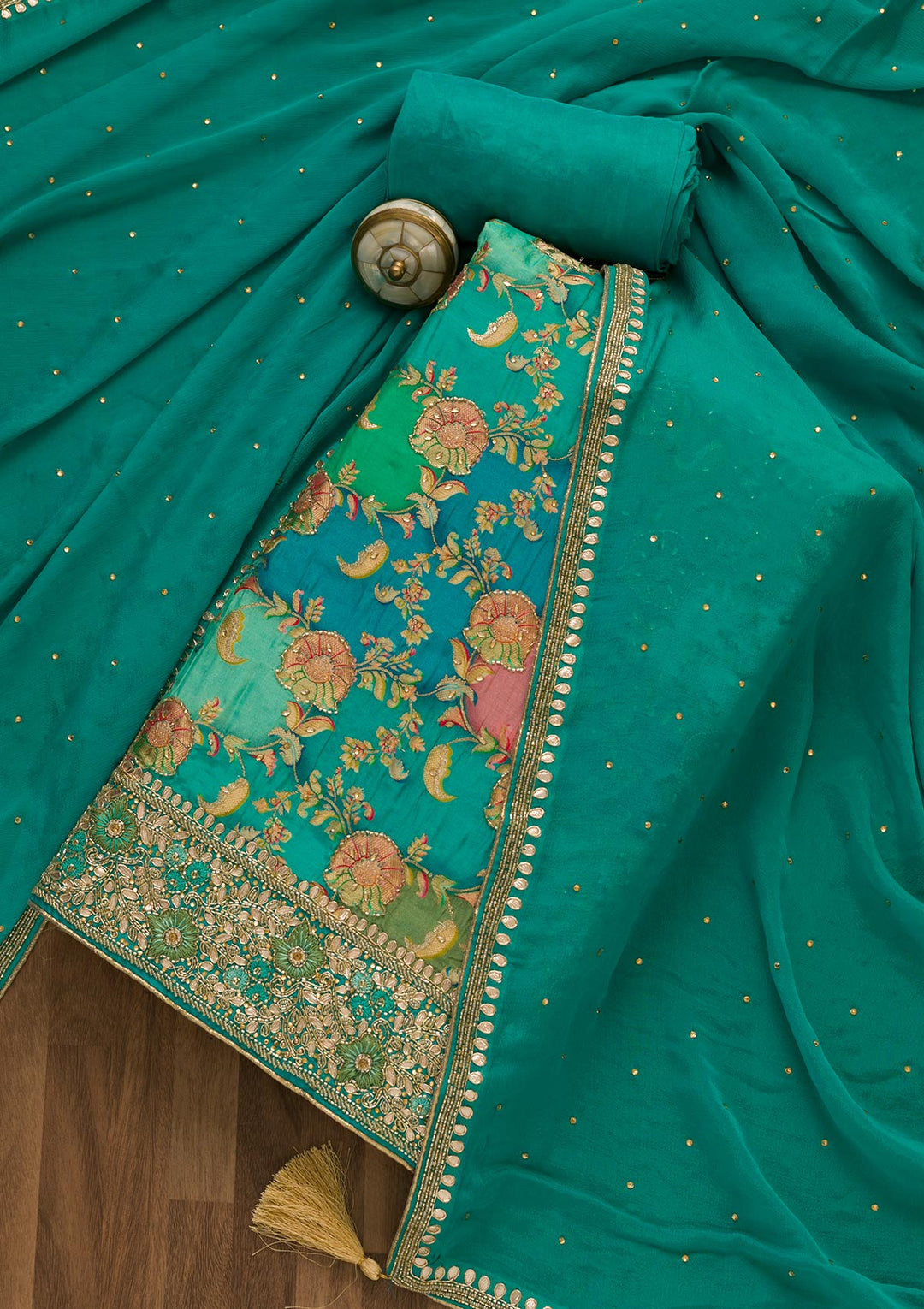 Sea Green Cutdana Soft Silk Unstitched Salwar Kameez-Koskii
