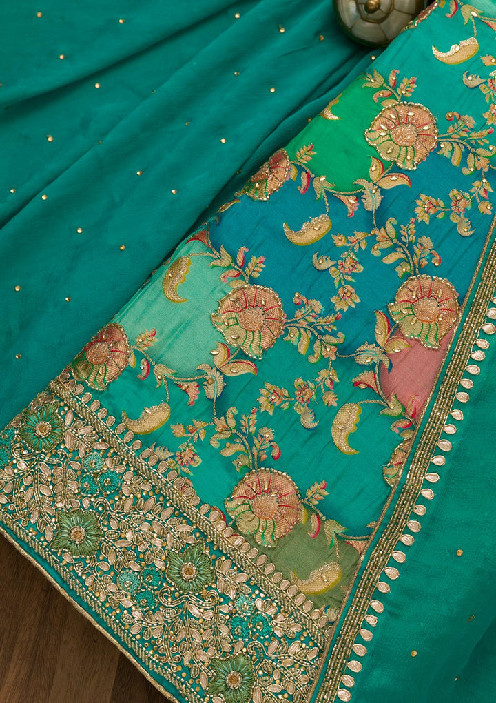 Sea Green Cutdana Soft Silk Unstitched Salwar Kameez-Koskii