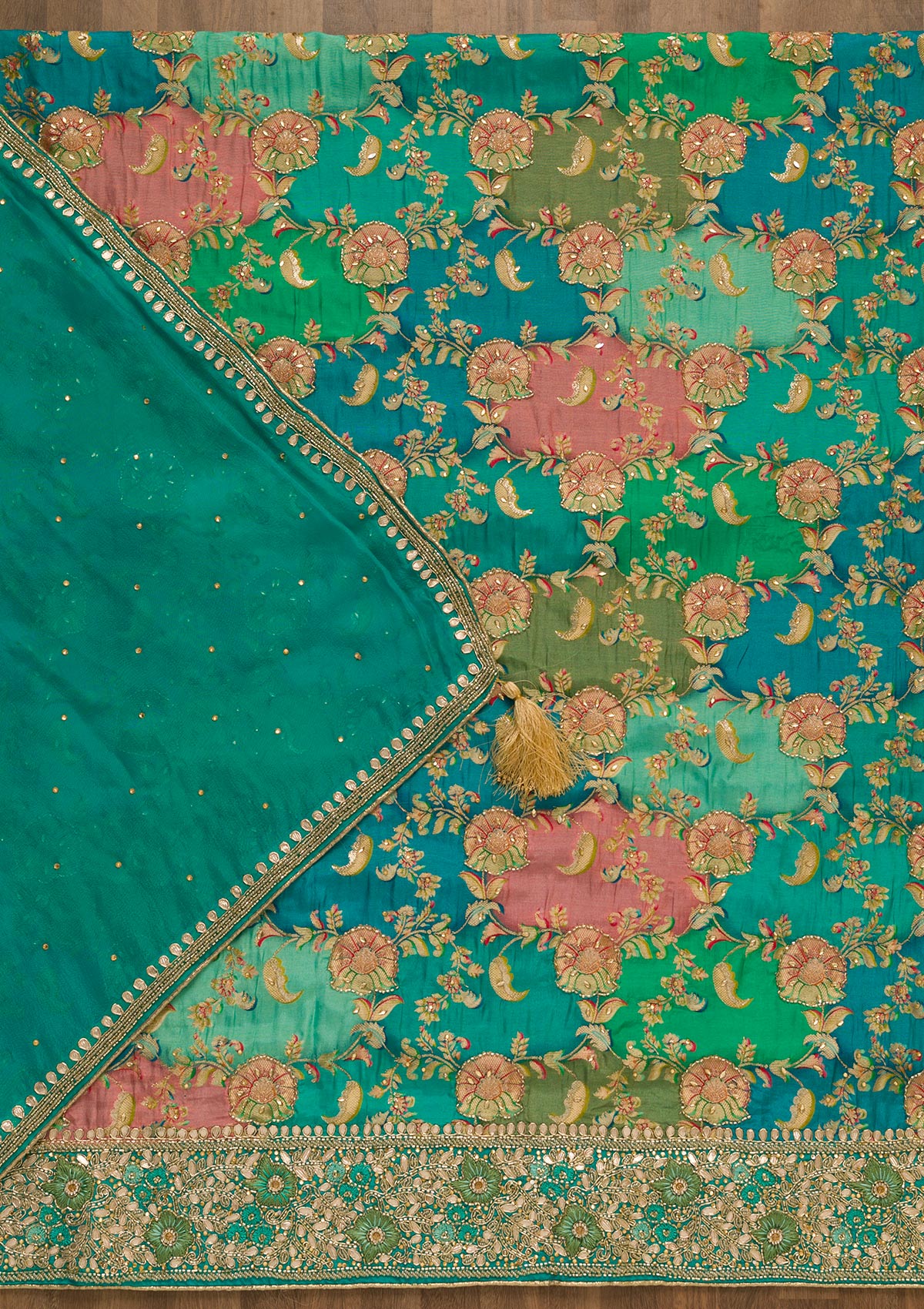 Sea Green Cutdana Soft Silk Unstitched Salwar Kameez-Koskii