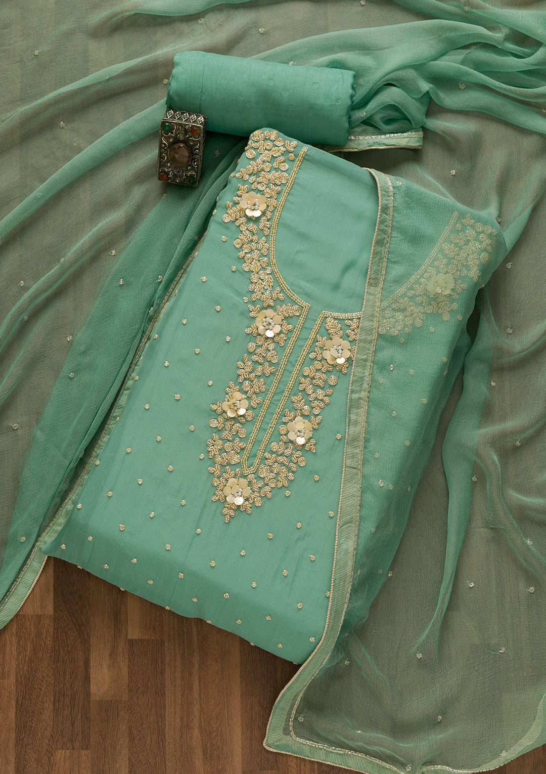 Sea Green Cutdana Organza Unstitched Salwar Kameez-Koskii