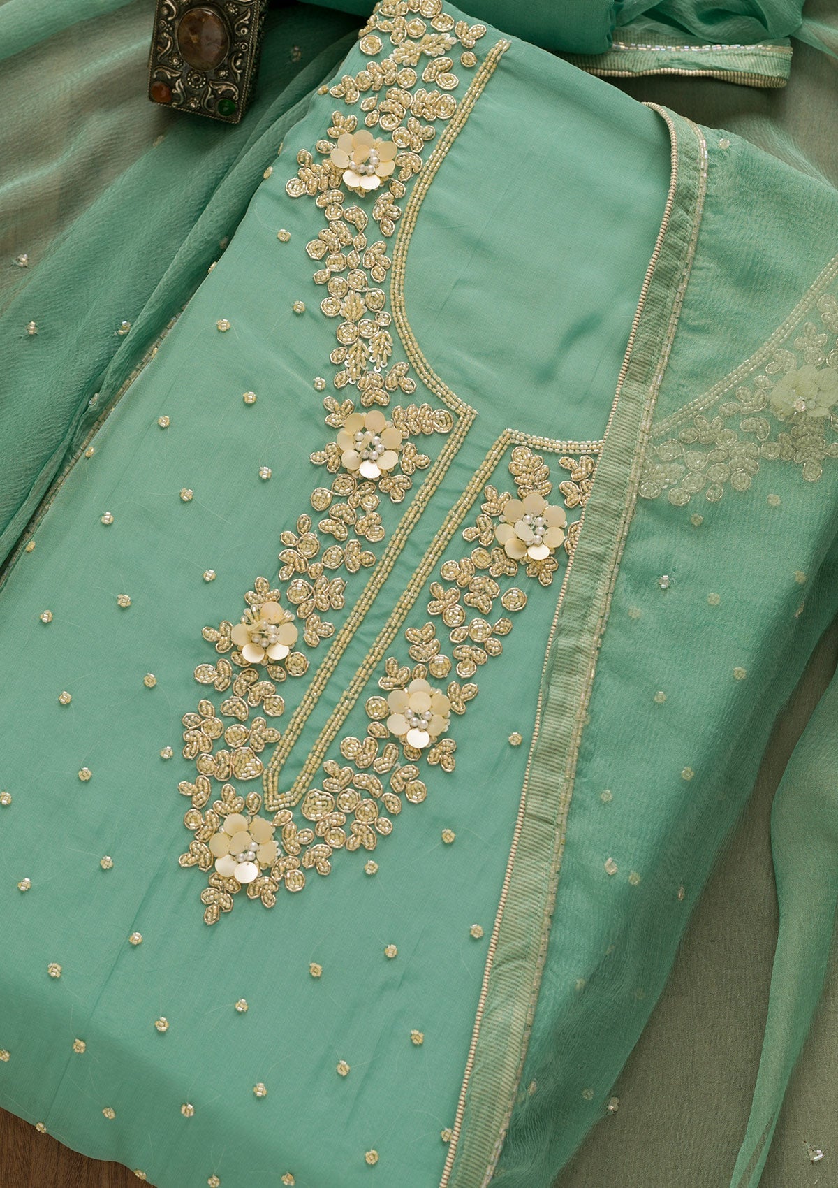 Sea Green Cutdana Organza Unstitched Salwar Kameez-Koskii