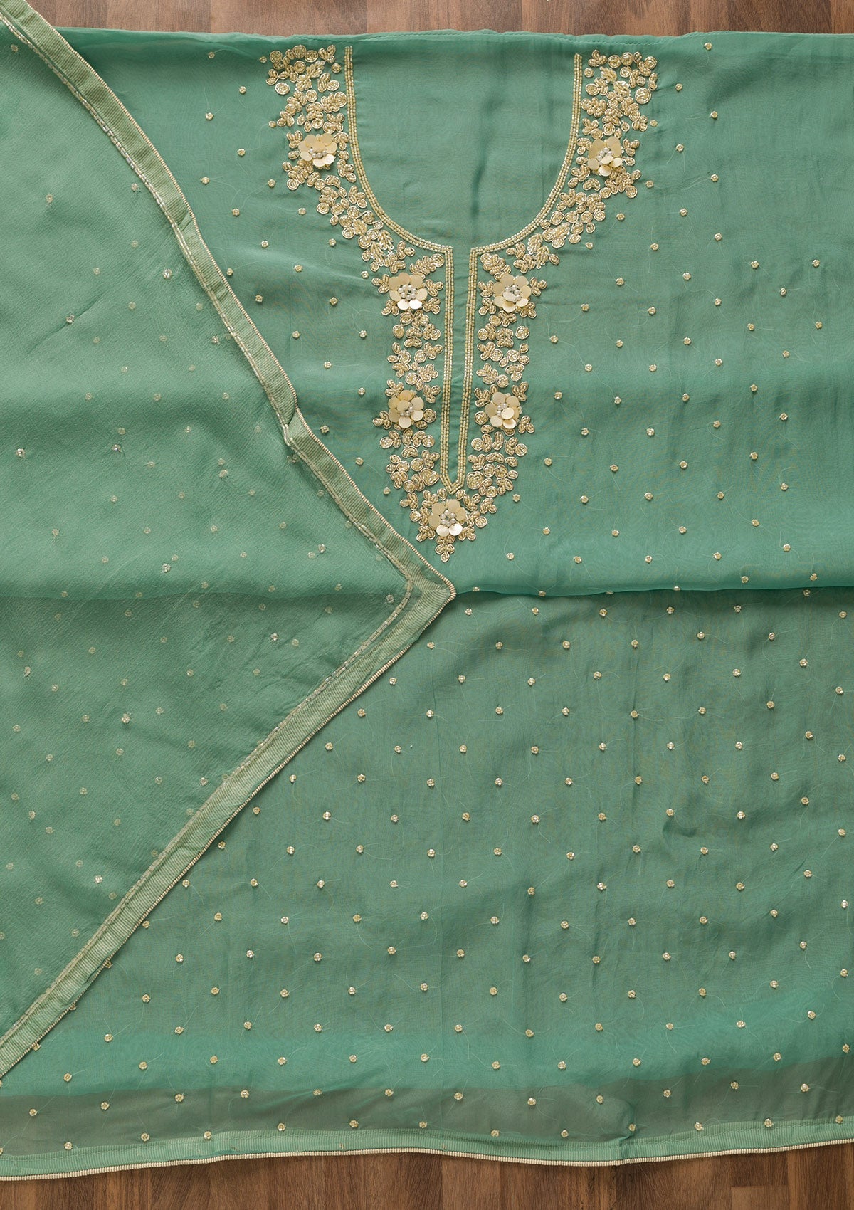 Sea Green Cutdana Organza Unstitched Salwar Kameez-Koskii