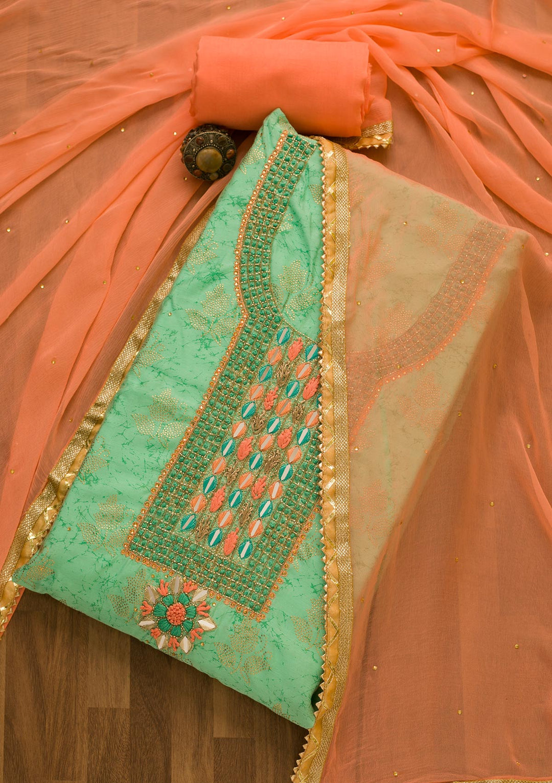 Sea Green Cutdana Semi Crepe Unstitched Salwar Kameez-Koskii