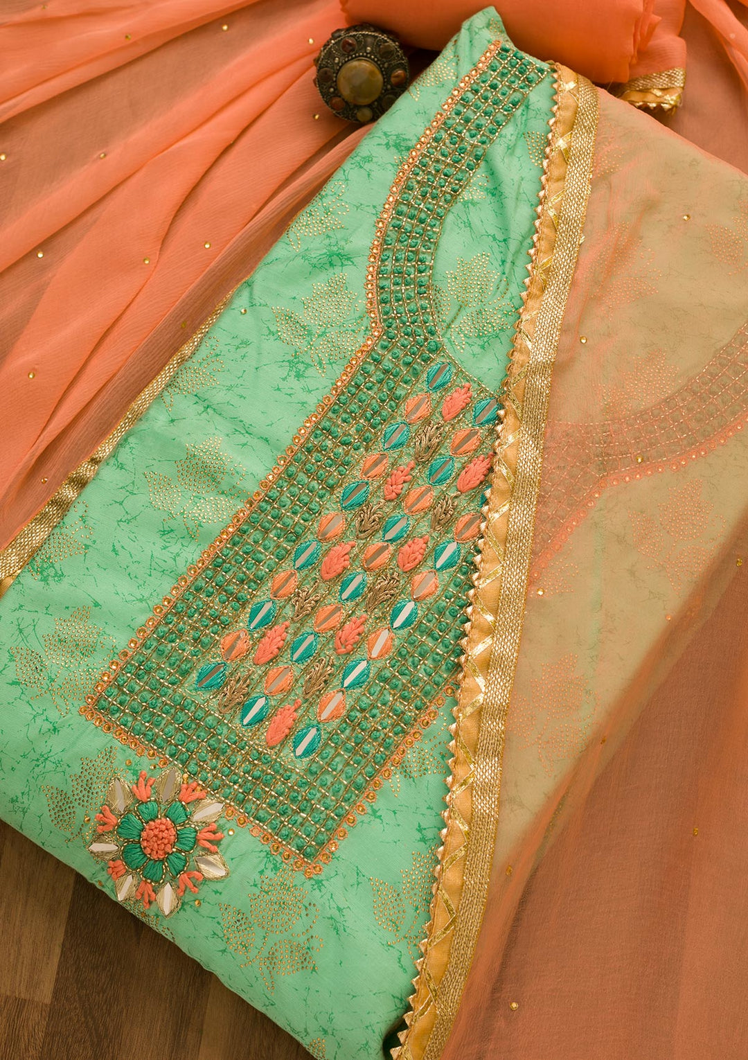 Sea Green Cutdana Semi Crepe Unstitched Salwar Kameez-Koskii