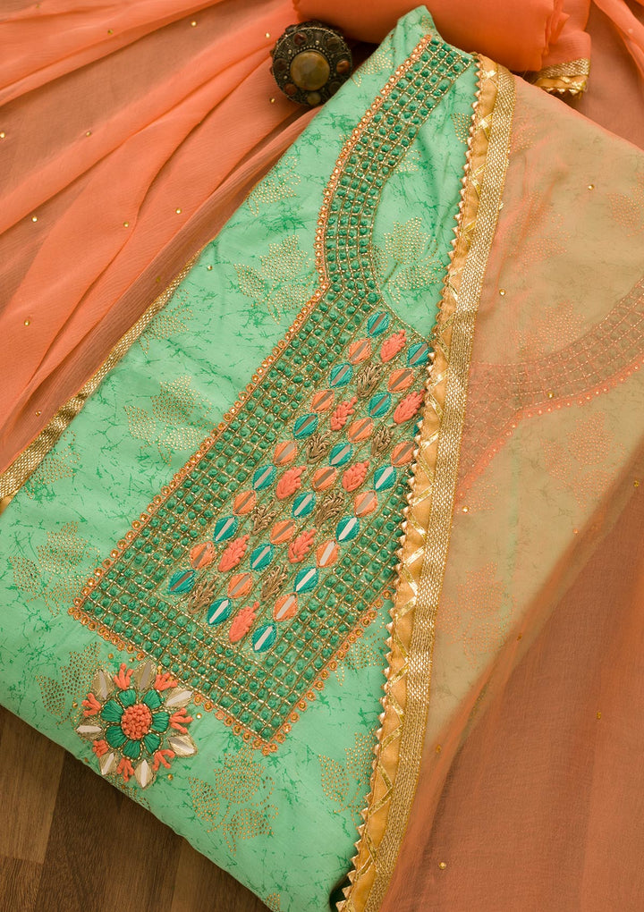 Sea Green Cutdana Semi Crepe Unstitched Salwar Kameez-Koskii