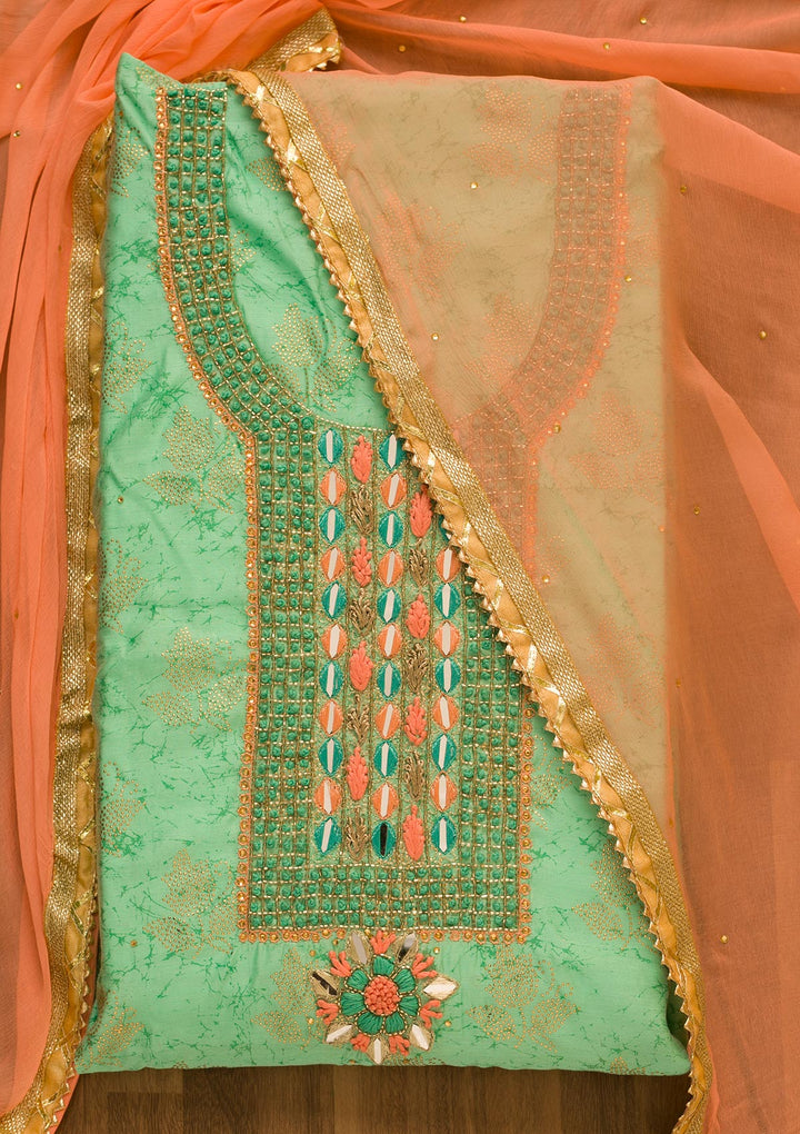 Sea Green Cutdana Semi Crepe Unstitched Salwar Kameez-Koskii