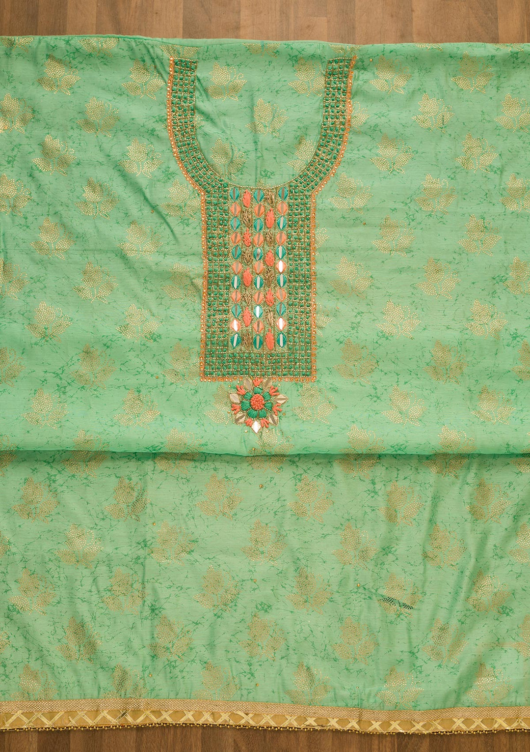 Sea Green Cutdana Semi Crepe Unstitched Salwar Kameez-Koskii