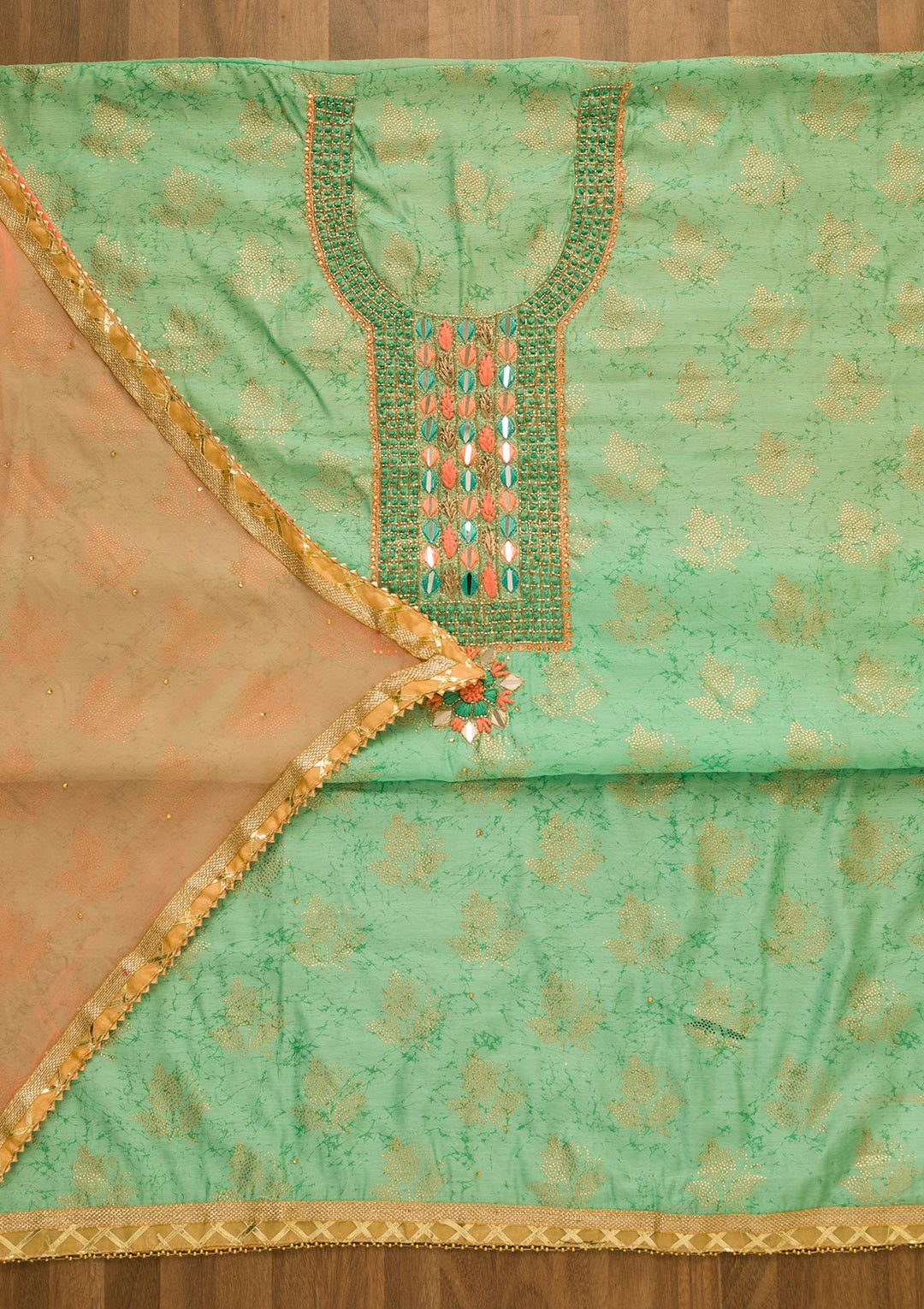 Sea Green Cutdana Semi Crepe Unstitched Salwar Kameez-Koskii