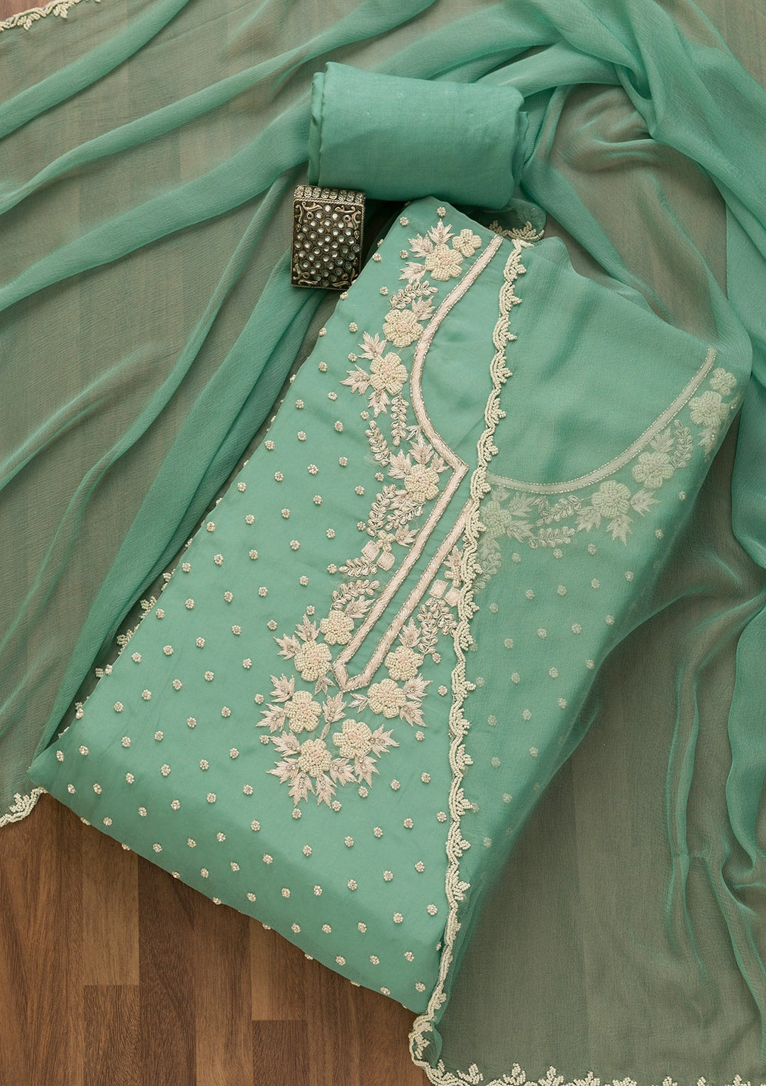 Sea Green Cutdana Organza Unstitched Salwar Kameez-Koskii