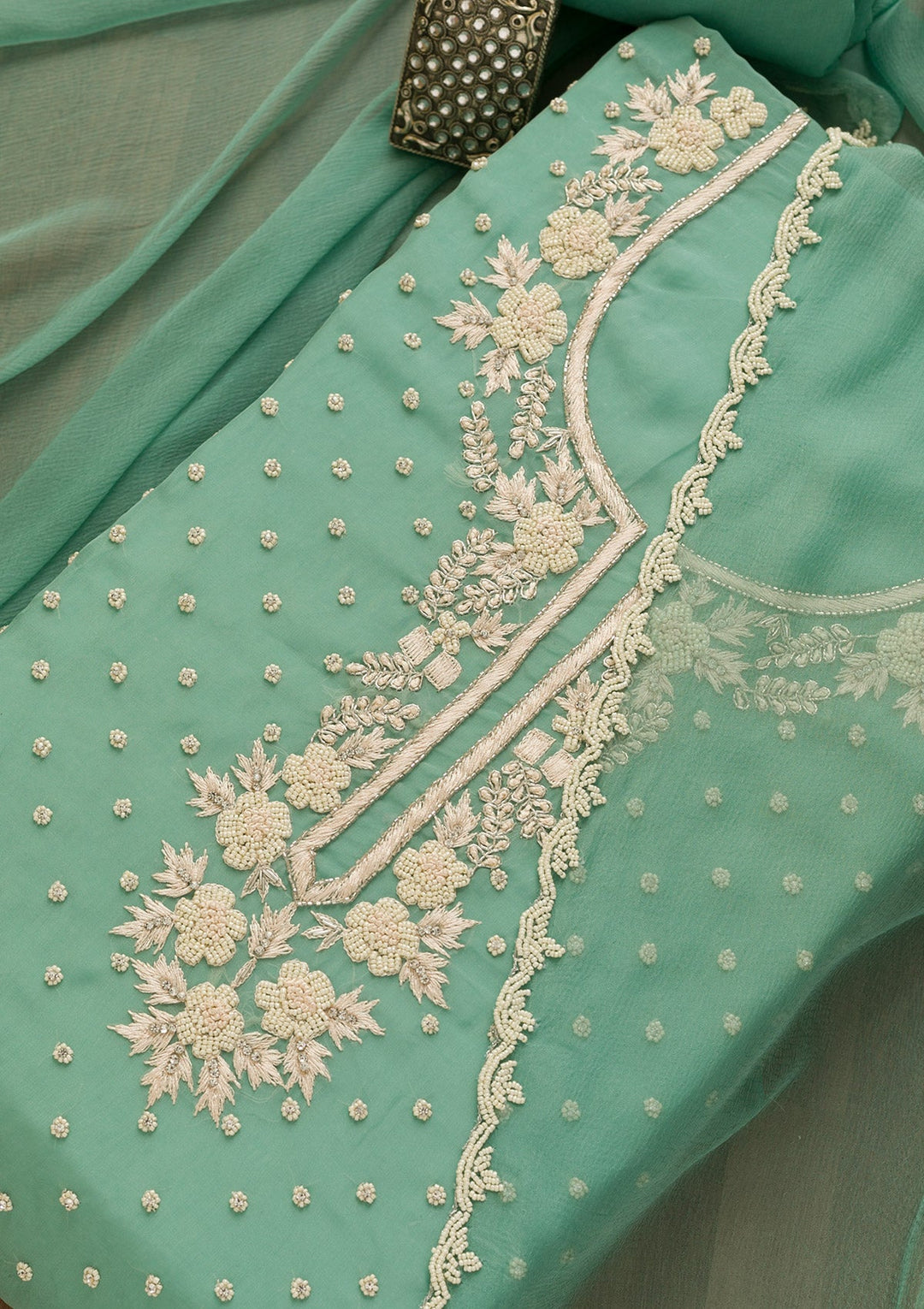 Sea Green Cutdana Organza Unstitched Salwar Kameez-Koskii