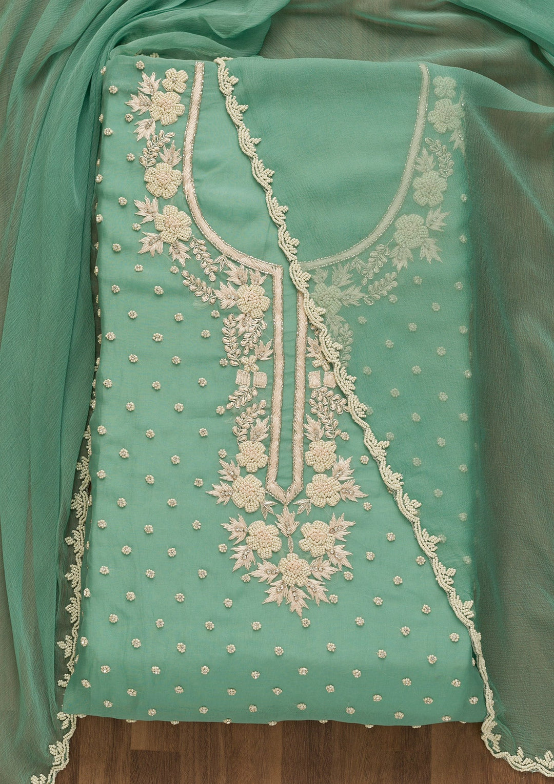 Sea Green Cutdana Organza Unstitched Salwar Kameez-Koskii