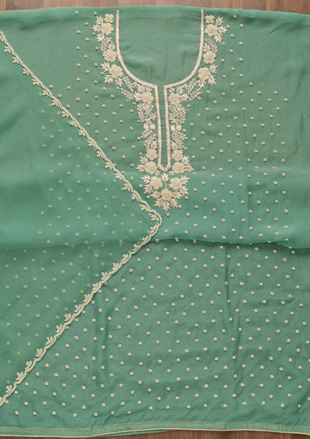 Sea Green Cutdana Organza Unstitched Salwar Kameez-Koskii