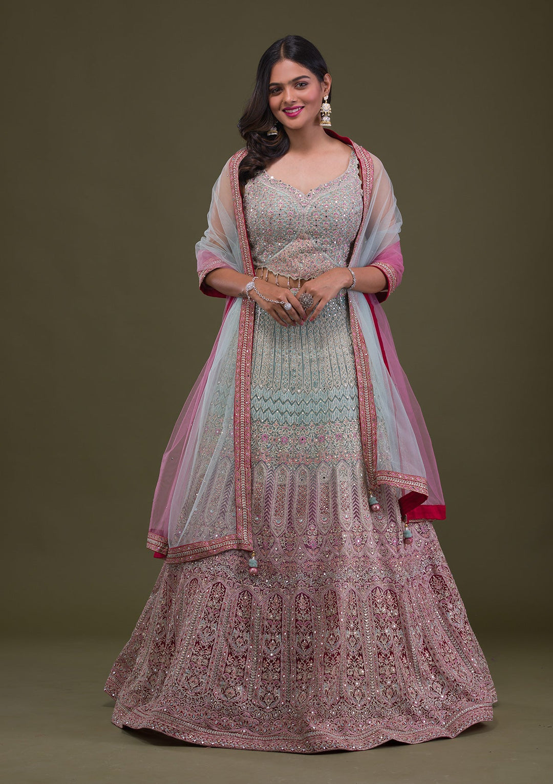 Sea Green Mirrorwork Net Readymade Lehenga-Koskii