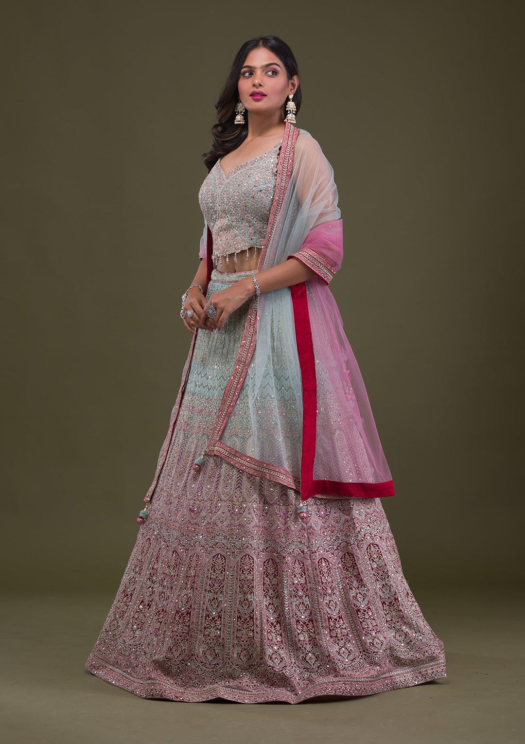 Sea Green Mirrorwork Net Readymade Lehenga-Koskii