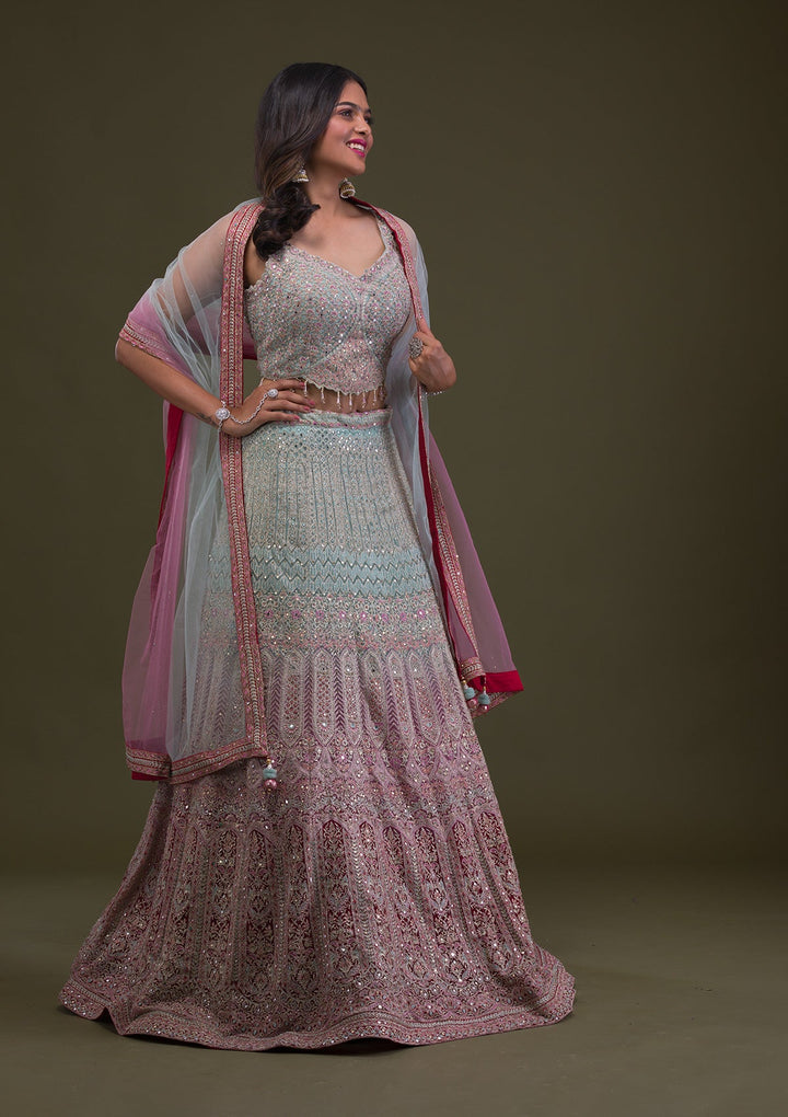 Sea Green Mirrorwork Net Readymade Lehenga-Koskii