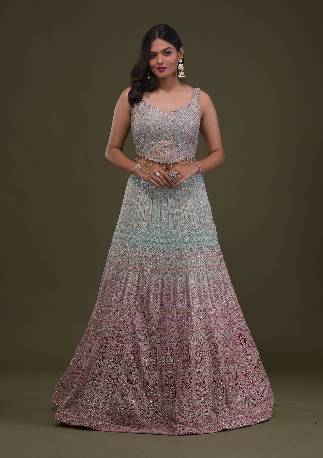Sea Green Mirrorwork Net Readymade Lehenga-Koskii