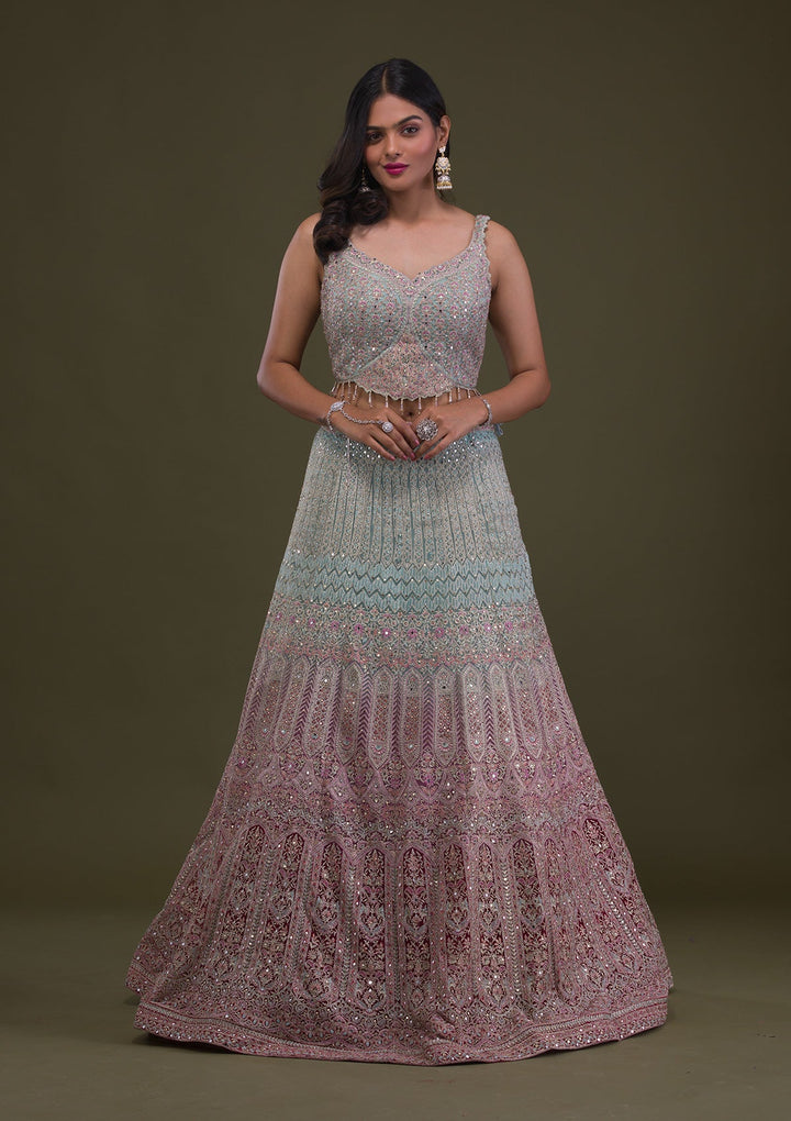 Sea Green Mirrorwork Net Readymade Lehenga-Koskii