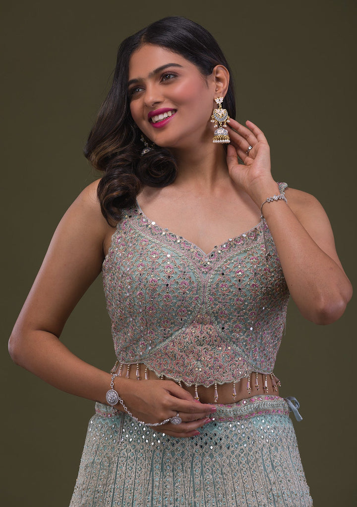 Sea Green Mirrorwork Net Readymade Lehenga-Koskii