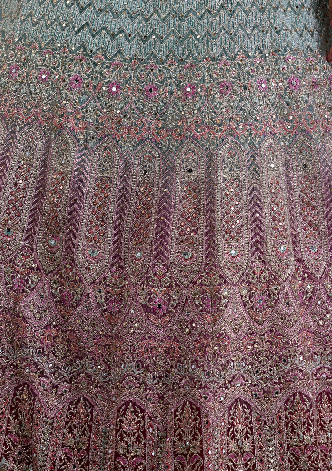 Sea Green Mirrorwork Net Readymade Lehenga-Koskii