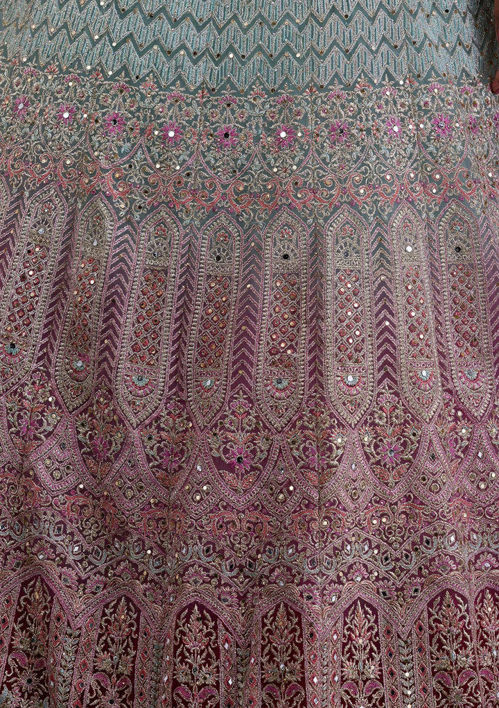 Sea Green Mirrorwork Net Readymade Lehenga-Koskii
