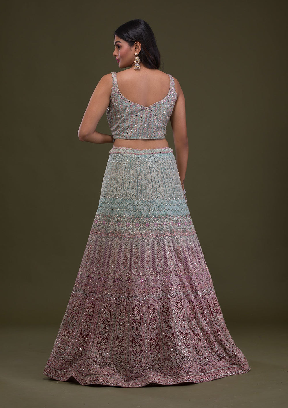 Sea Green Mirrorwork Net Readymade Lehenga-Koskii