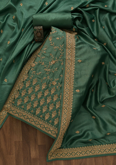 Sea Green Zariwork Raw Silk Unstitched Salwar Kameez-Koskii