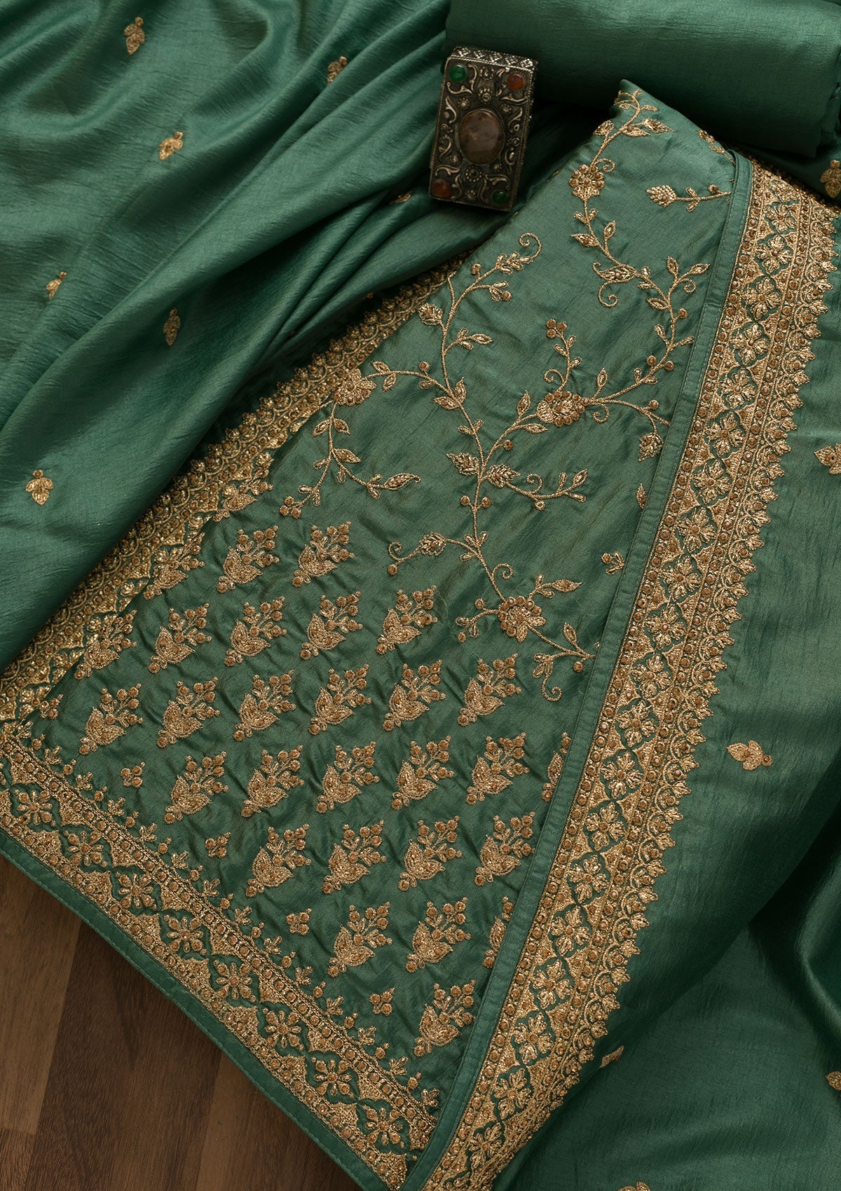 Sea Green Zariwork Raw Silk Unstitched Salwar Kameez-Koskii