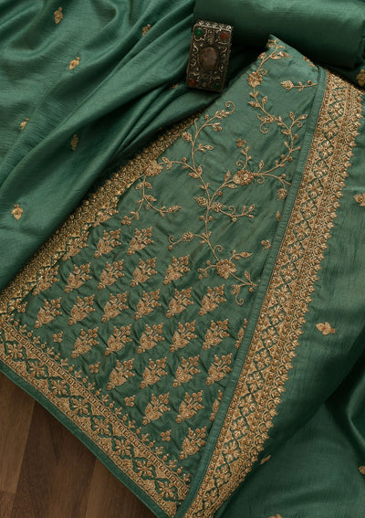 Sea Green Zariwork Raw Silk Unstitched Salwar Kameez-Koskii