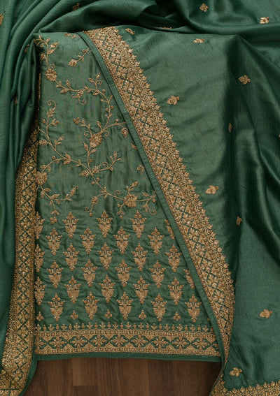 Sea Green Zariwork Raw Silk Unstitched Salwar Kameez-Koskii