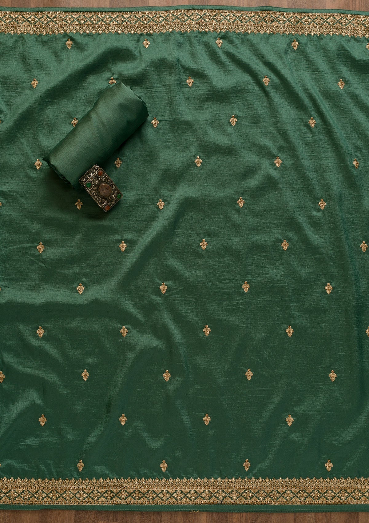 Sea Green Zariwork Raw Silk Unstitched Salwar Kameez-Koskii