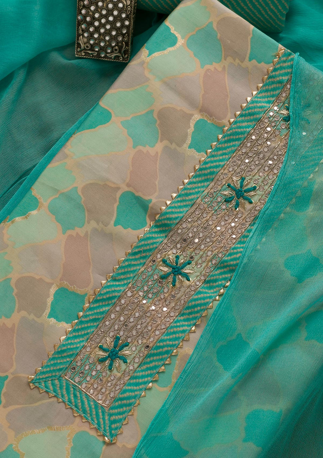 Sea Green Printed Cotton Unstitched Salwar Suit-Koskii