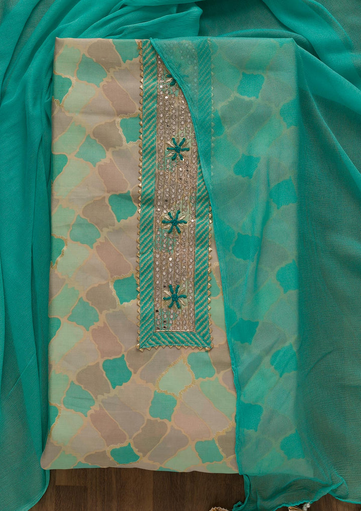 Sea Green Printed Cotton Unstitched Salwar Suit-Koskii