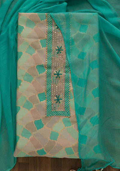 Sea Green Printed Cotton Unstitched Salwar Suit-Koskii