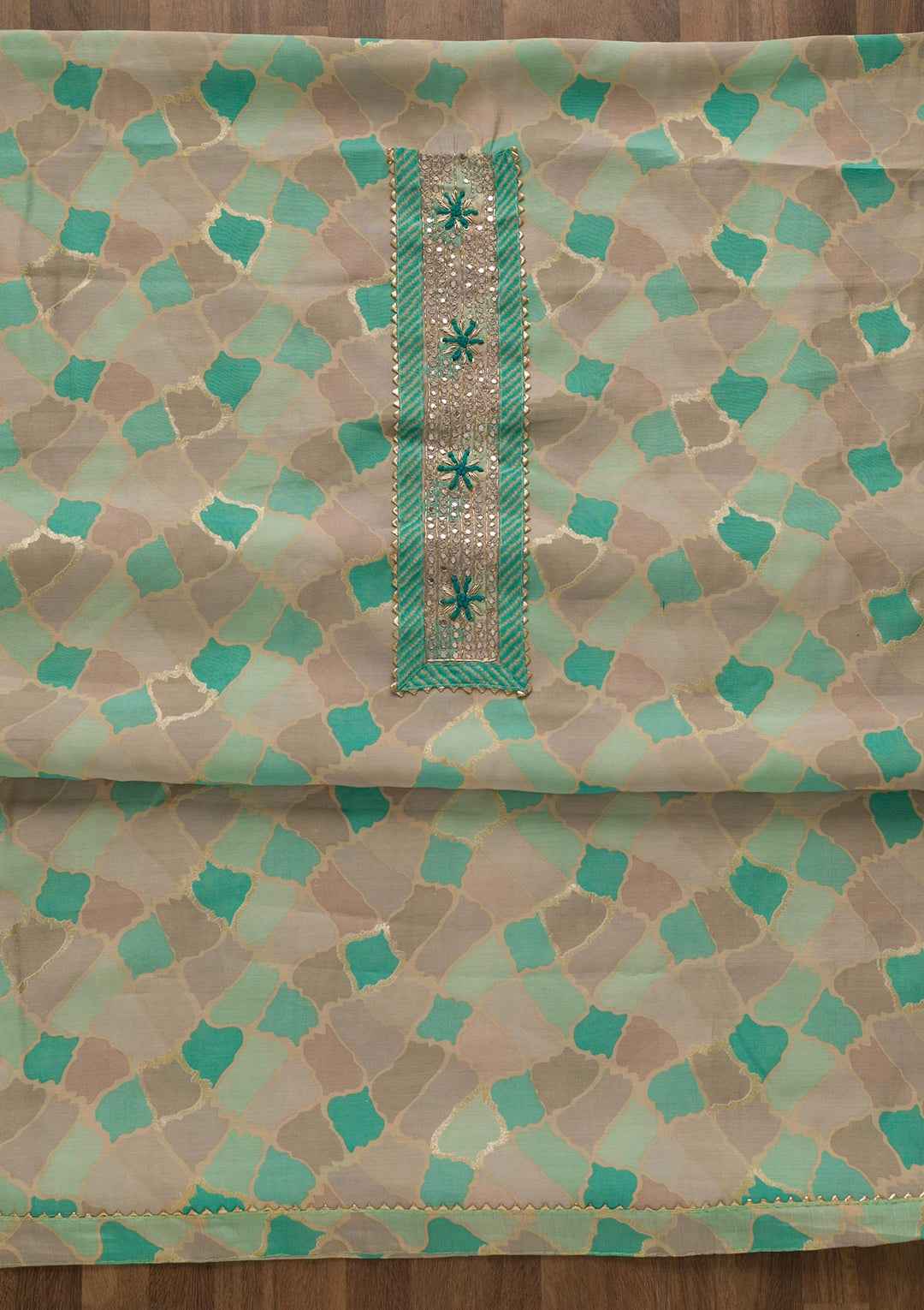 Sea Green Printed Cotton Unstitched Salwar Suit-Koskii