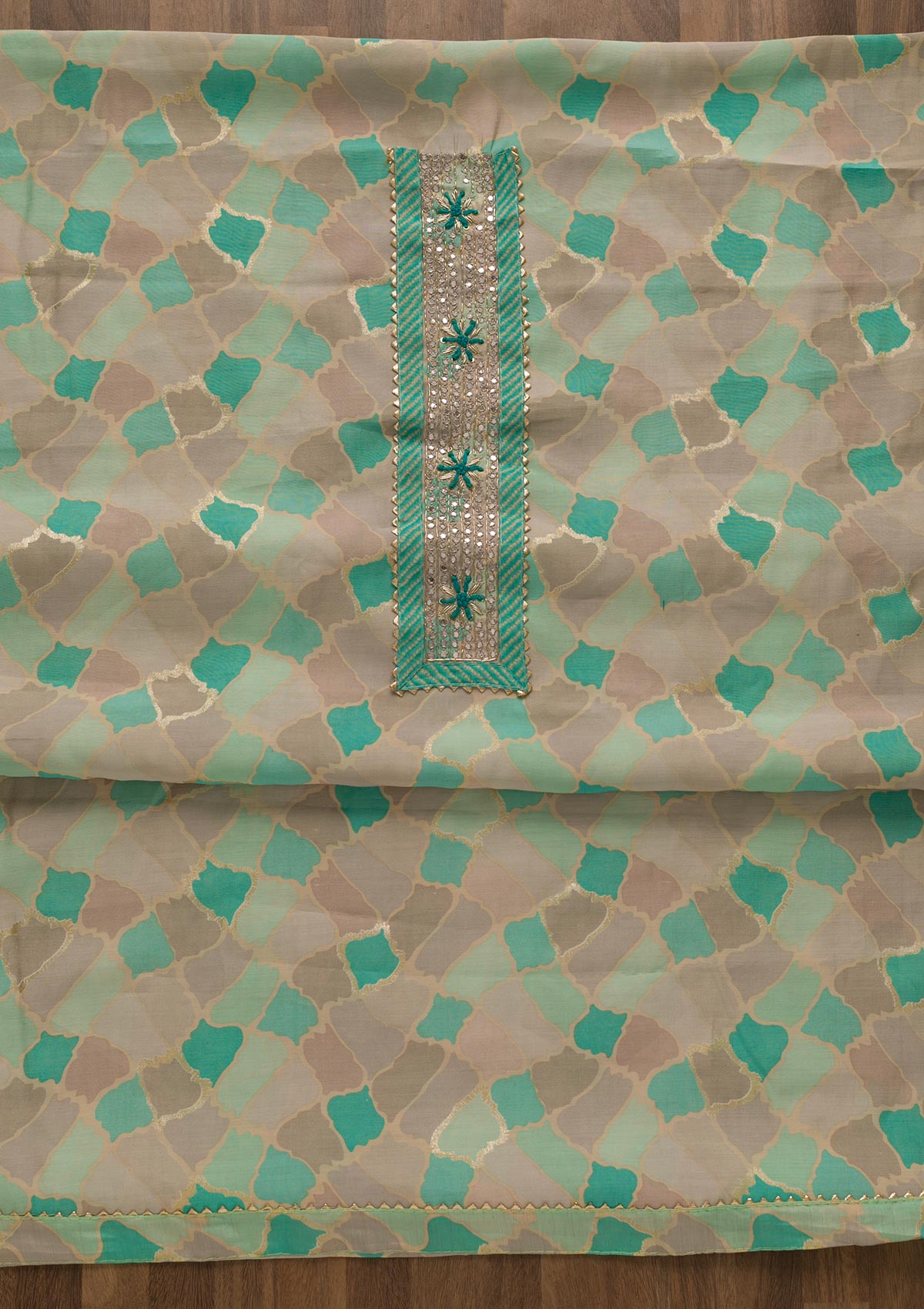 Sea Green Printed Cotton Unstitched Salwar Suit-Koskii