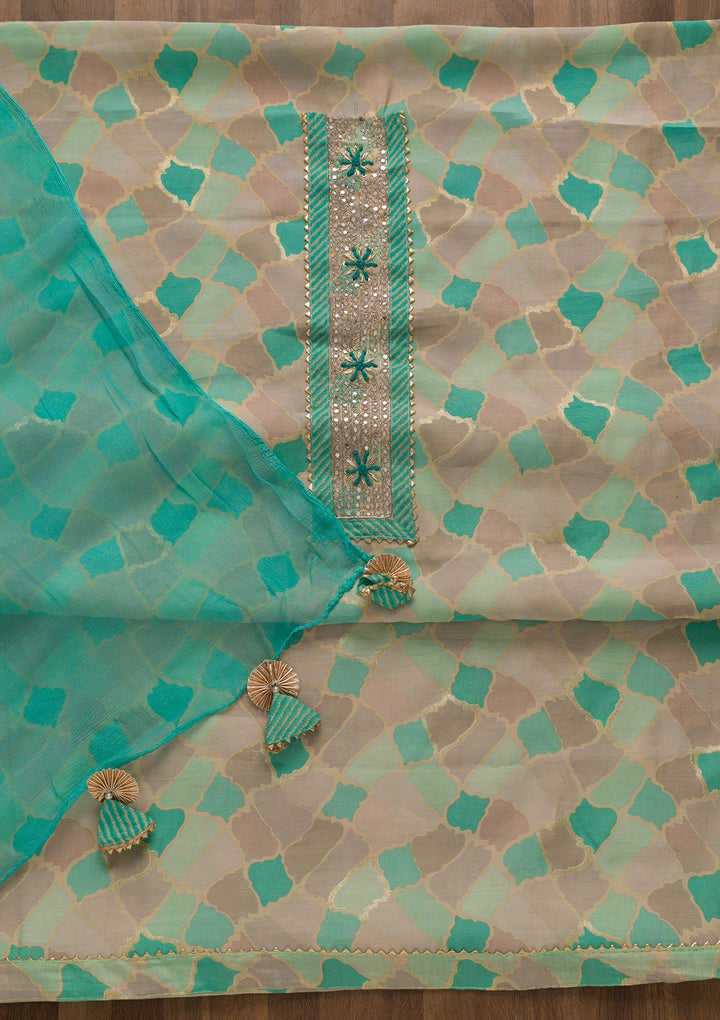 Sea Green Printed Cotton Unstitched Salwar Suit-Koskii