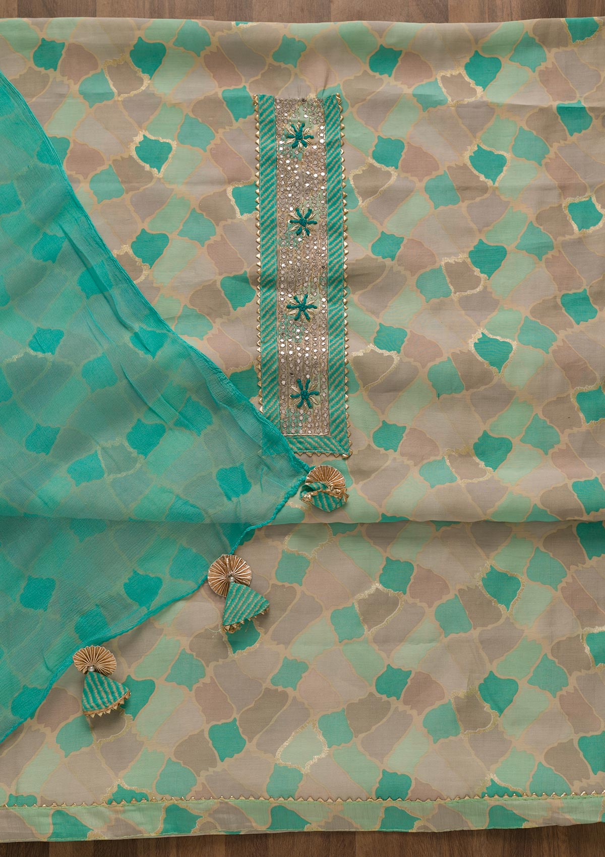 Sea Green Printed Cotton Unstitched Salwar Suit-Koskii