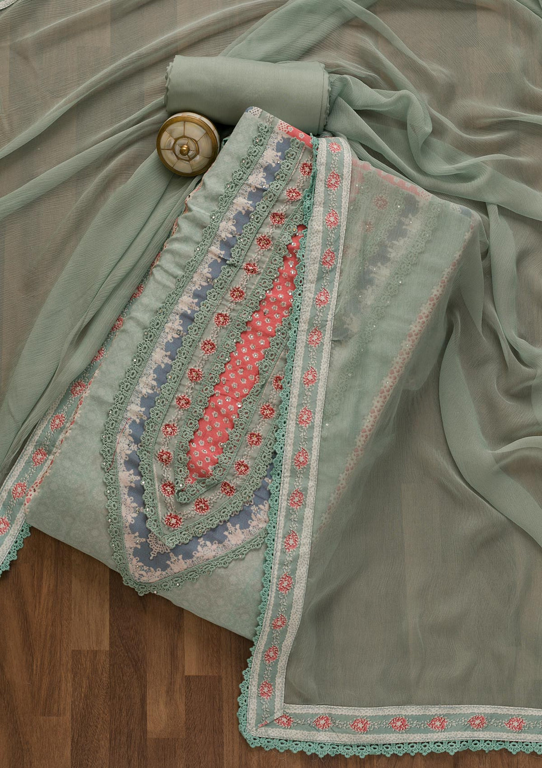 Sea Green Printed Poly Cotton Unstitched Salwar Kameez-Koskii