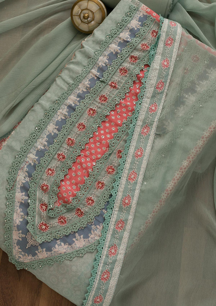 Sea Green Printed Poly Cotton Unstitched Salwar Kameez-Koskii