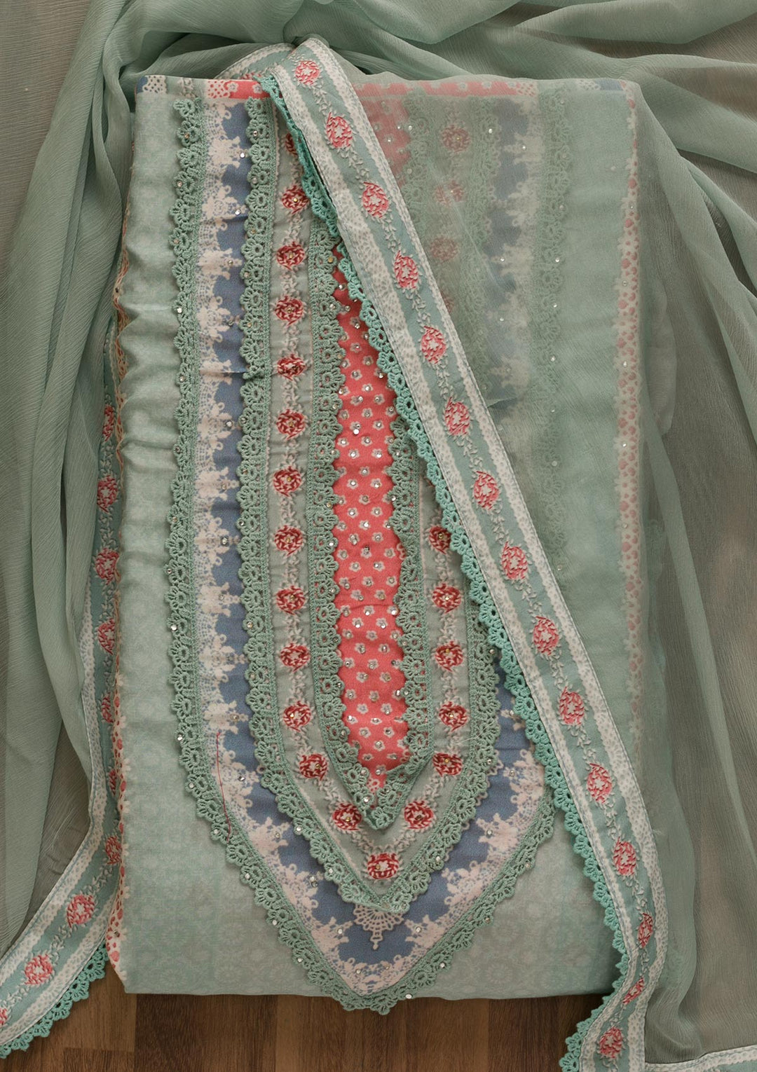 Sea Green Printed Poly Cotton Unstitched Salwar Kameez-Koskii