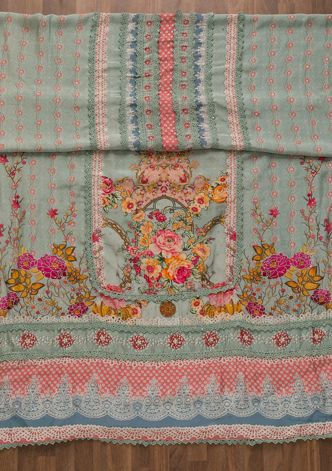Sea Green Printed Poly Cotton Unstitched Salwar Kameez-Koskii