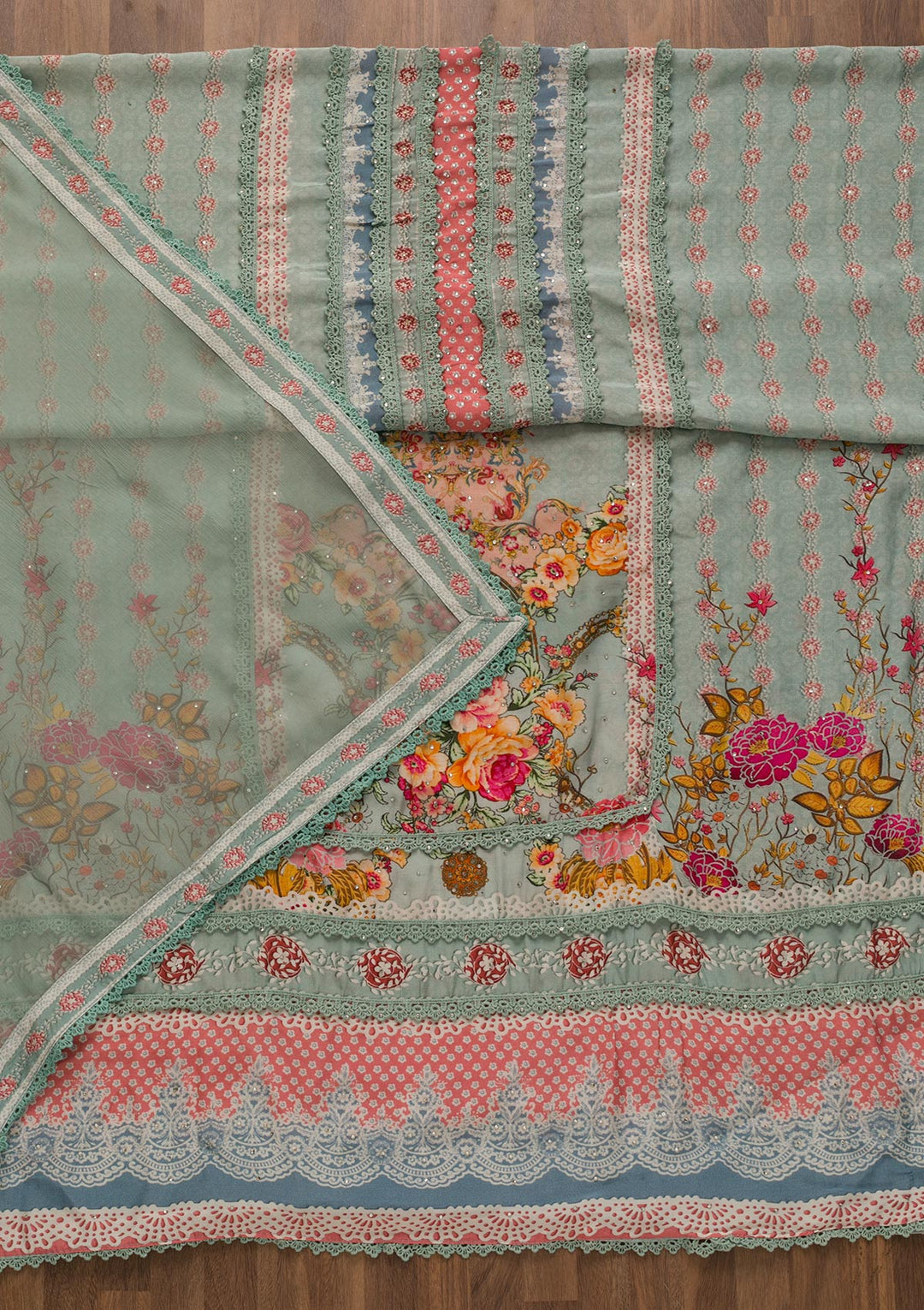 Sea Green Printed Poly Cotton Unstitched Salwar Kameez-Koskii