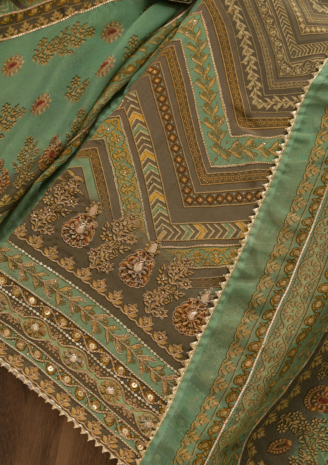 Sea Green Printed Semi Crepe Unstitched Salwar Suit-Koskii