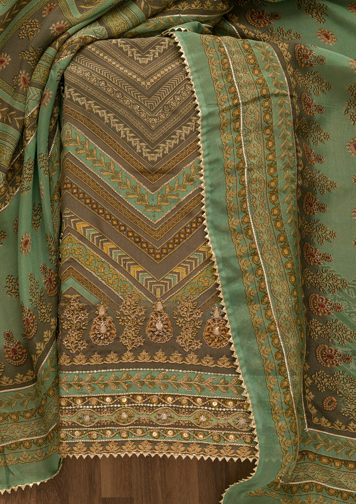 Sea Green Printed Semi Crepe Unstitched Salwar Suit-Koskii